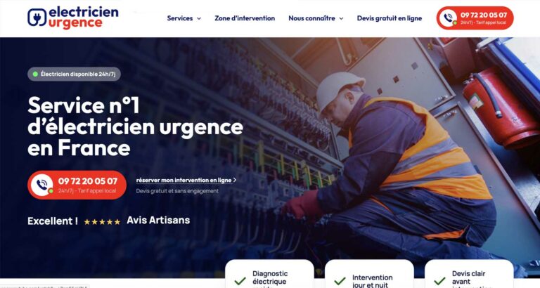 Capture d’écran du site Électricien urgence