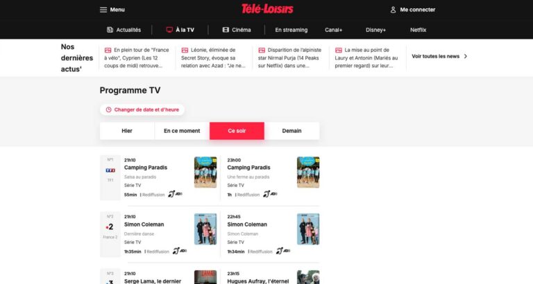 Capture d’écran du site Programme TV