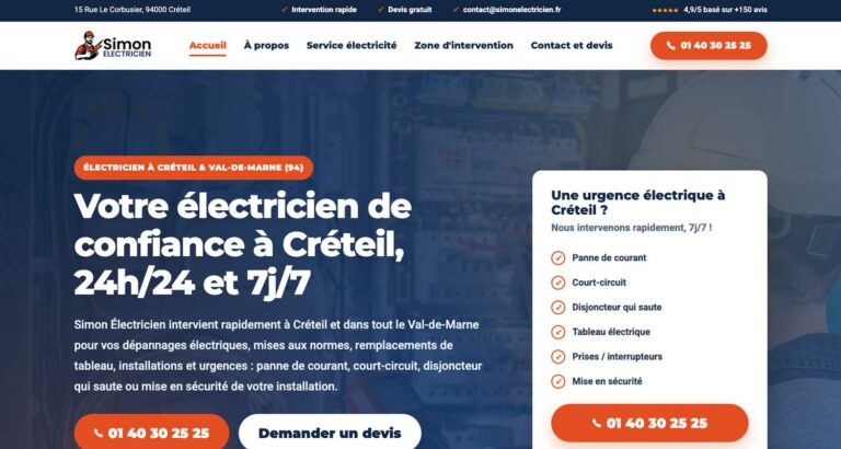 Capture d’écran du site Simon Électricien