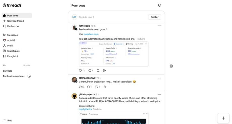 Capture d’écran du site Threads